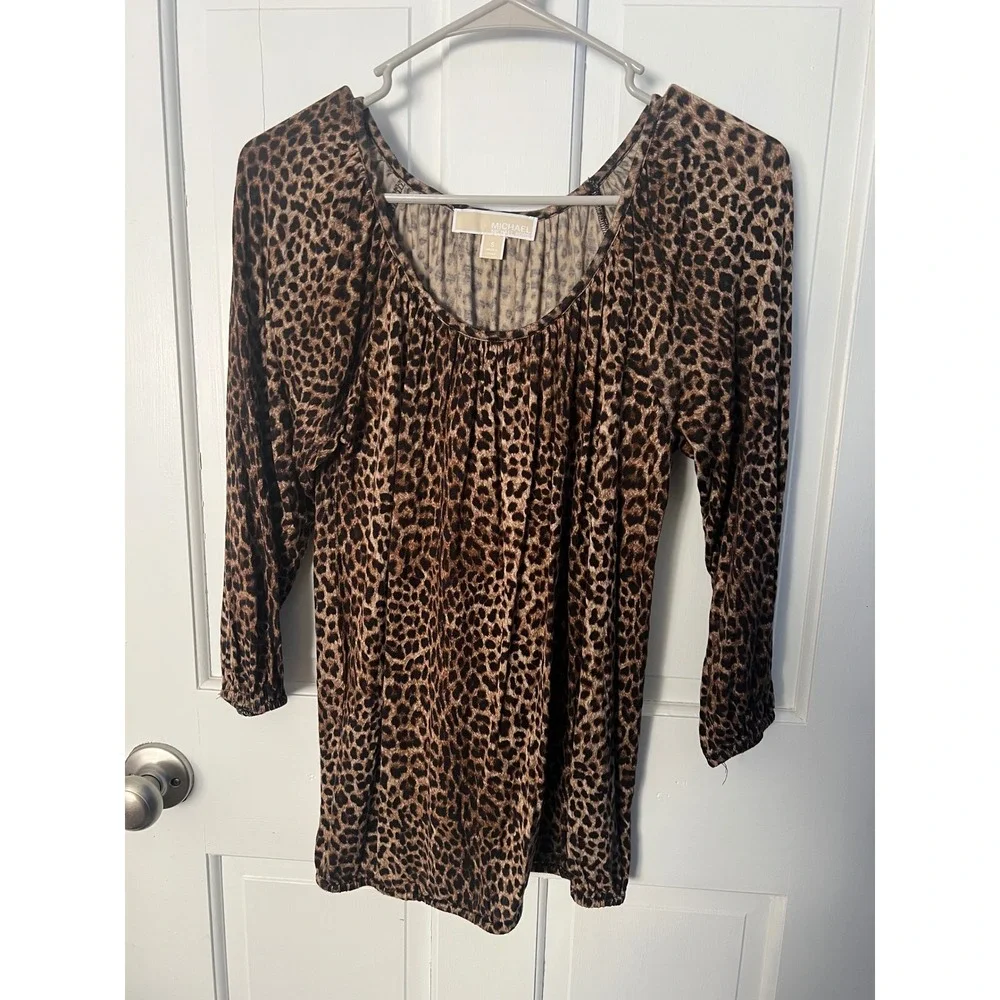 Michael Kors Leopard Print Scoop Neck Blouse 3/4 Sleeve‎ Brown Black Small